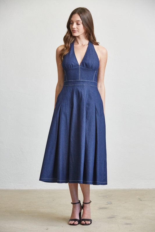 Sleeveless Halter Contrast Stitch Denim Midi Dress Dark Wash
