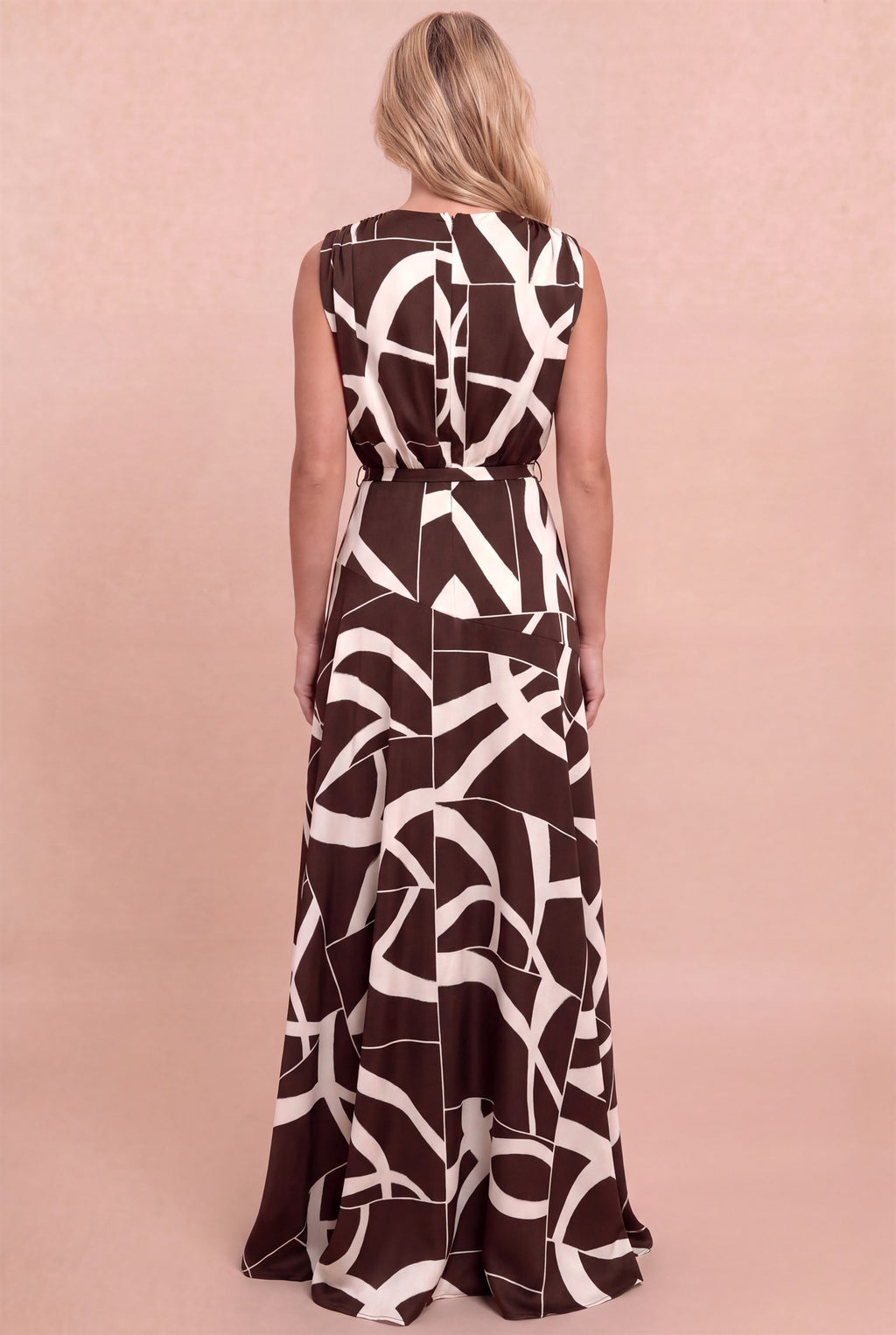 Sleeveless Waist Tie Abstract Print Maxi Dress Brown