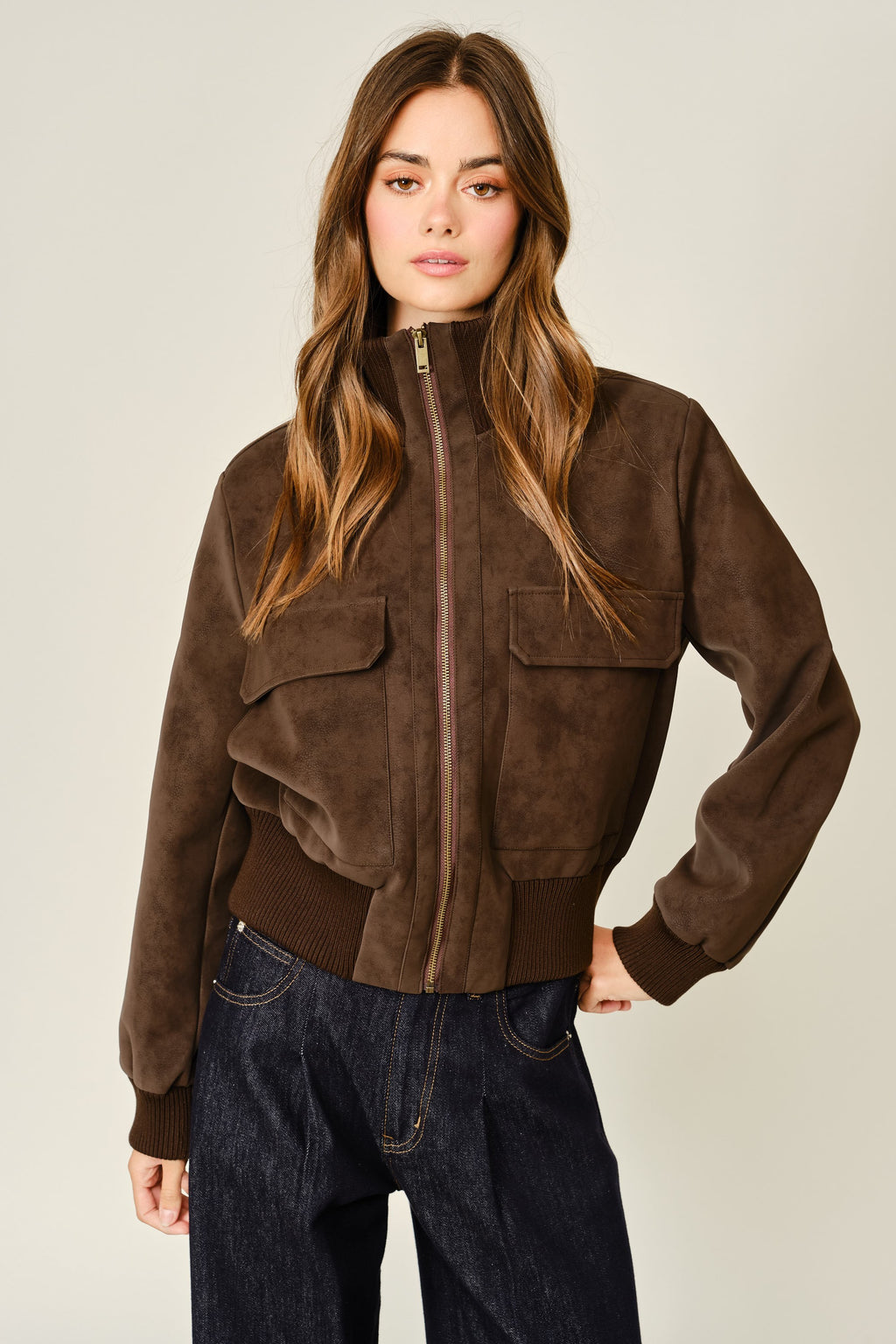 Long Sleeve Zip Up Faux Suede Bomber Jacket Brown