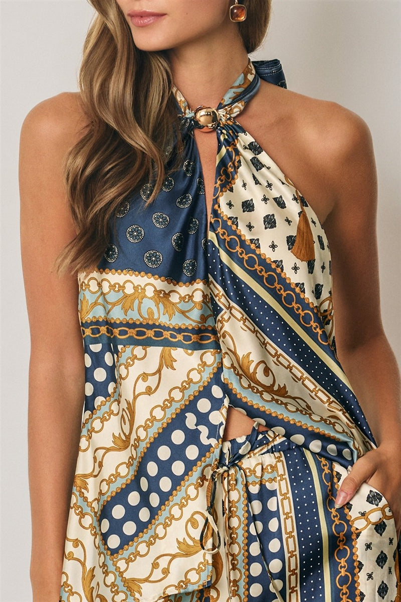 Sleeveless Halter Satin Scarf Print Top Blue