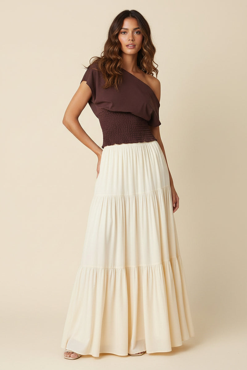  Off The Shoulder Stylish Smocked Top Brown