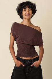 Off The Shoulder Stylish Smocked Top Brown