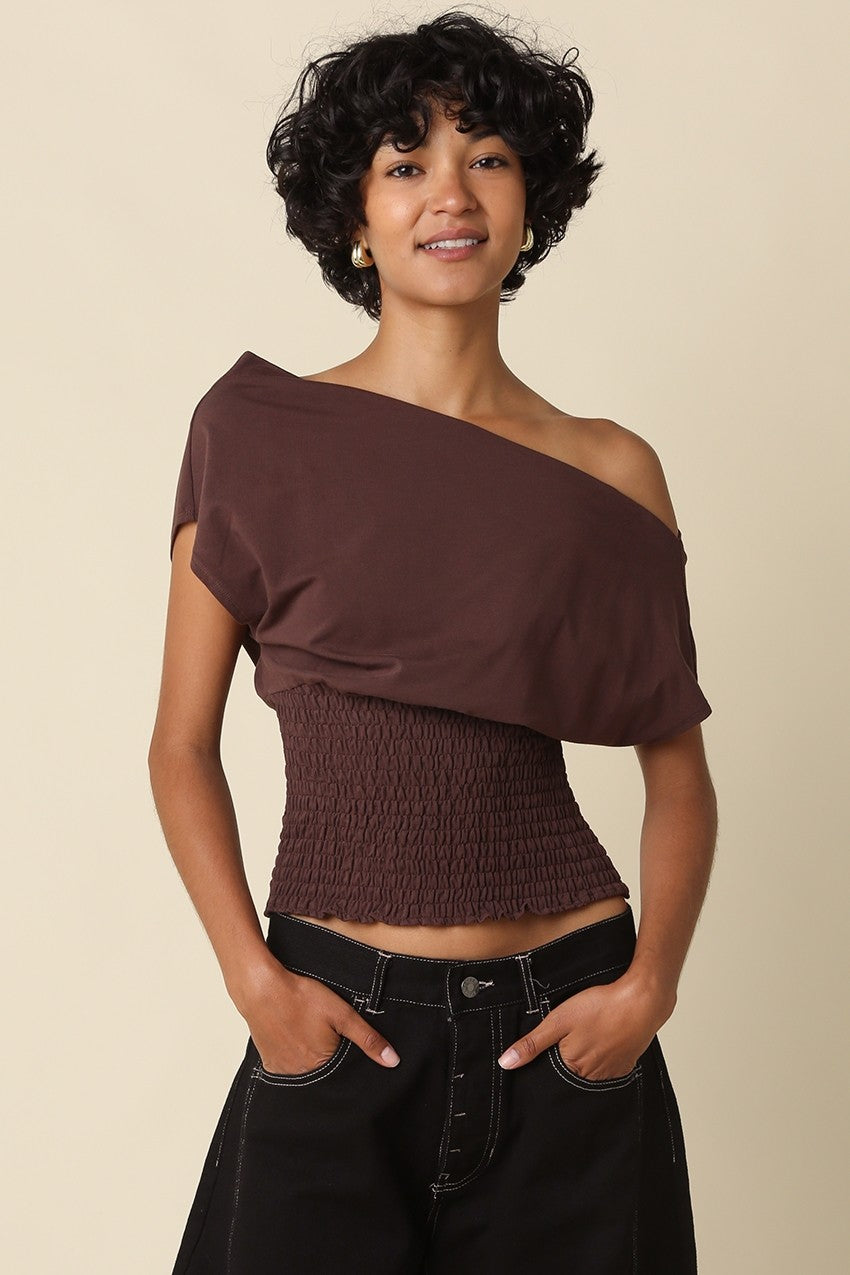 Off The Shoulder Stylish Smocked Top Brown