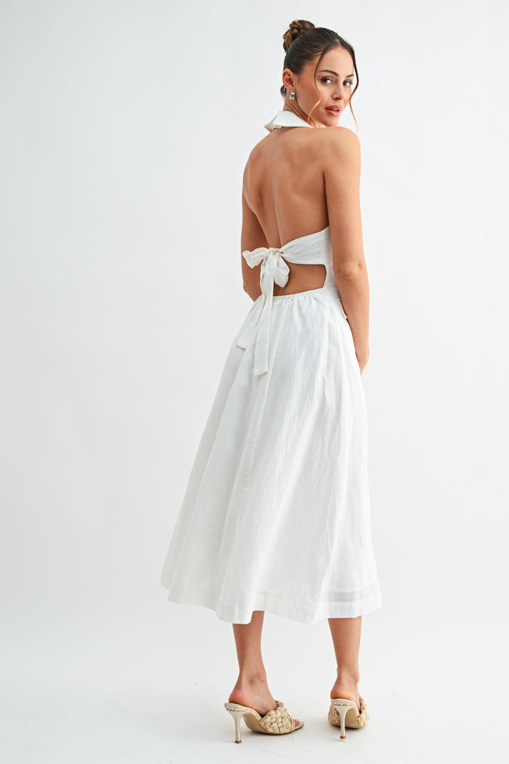 Sleeveless Halter Button Down Open Back Midi Dress White