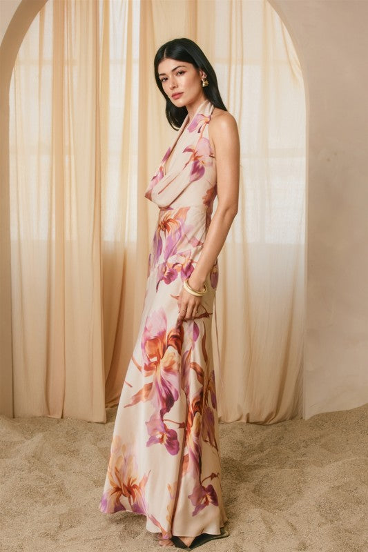 halter pink maxi dress Rowan Sleeveless Halter Floral Print Maxi Dress Pink SMALL