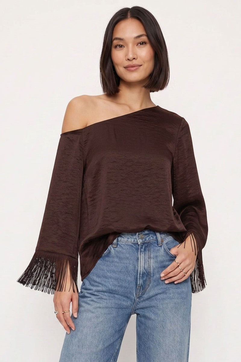  Long Fringe Sleeve Off The Shoulder Satin Top Brown