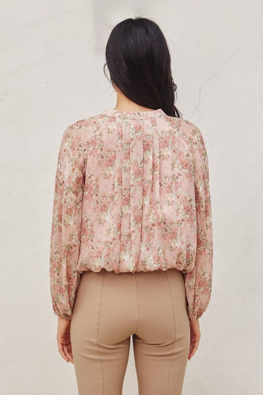 Long Balloon Sleeve Button Down Floral Print Top Mauve