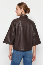 Long Sleeve Zip Up Drawstring Faux Leather Jacket Brown