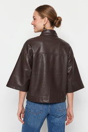 Long Sleeve Zip Up Drawstring Faux Leather Jacket Brown