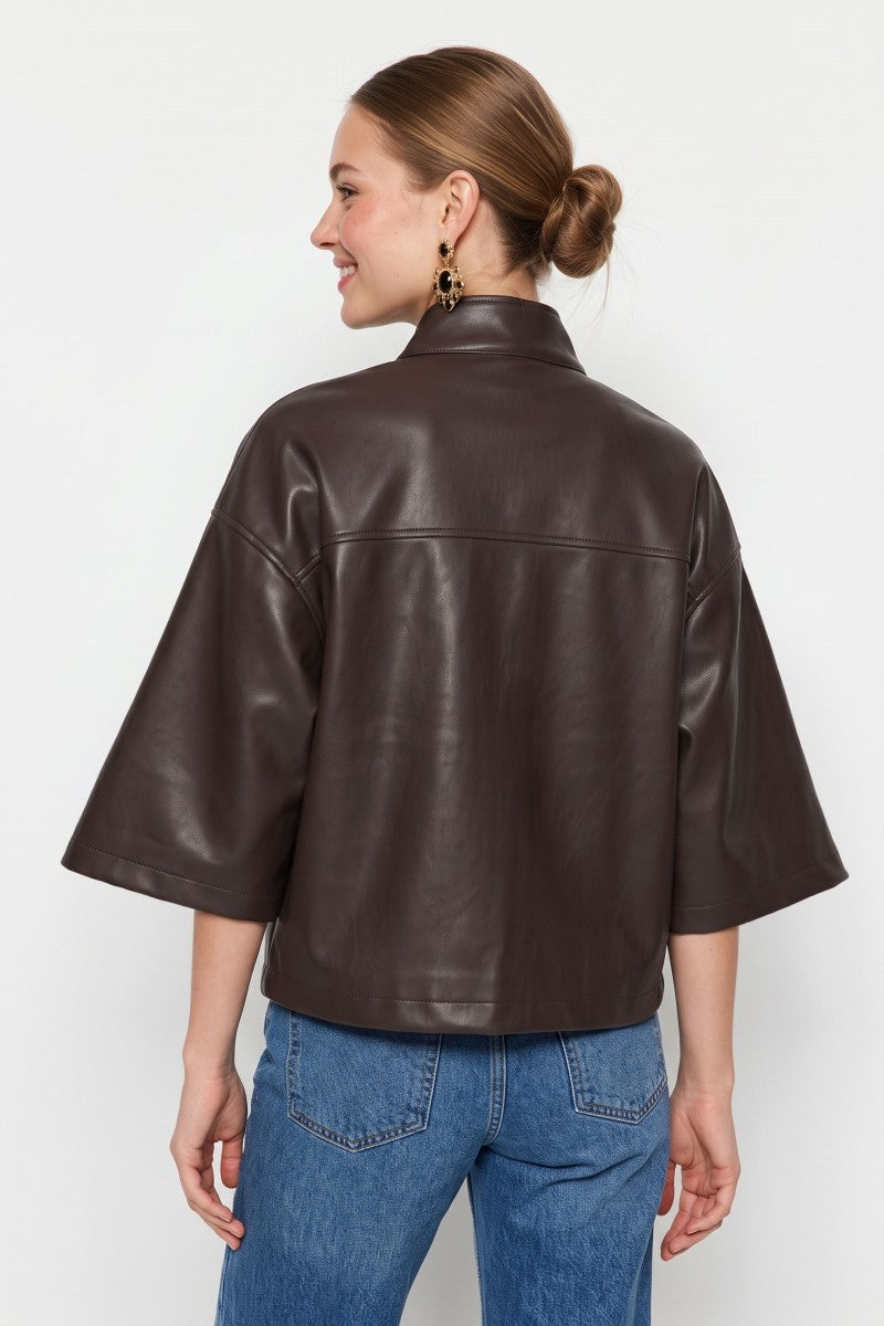 Long Sleeve Zip Up Drawstring Faux Leather Jacket Brown