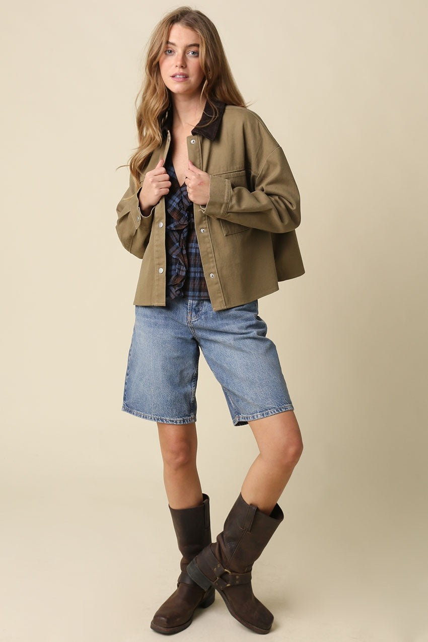 Mindy Long Sleeve Corduroy Contrast Button Down Jacket Olive