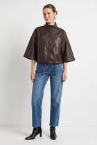 Long Sleeve Zip Up Drawstring Faux Leather Jacket Brown