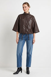 Long Sleeve Zip Up Drawstring Faux Leather Jacket Brown