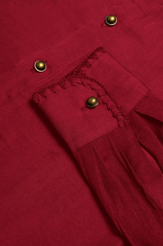 Long Sleeve Button Down Satin Crop Top Red