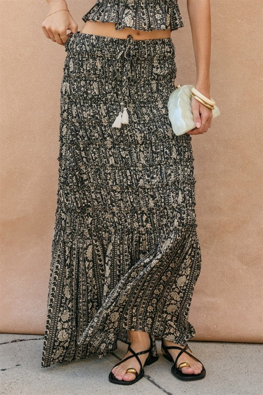  High Waist Smocked Floral Print Midi Skirt Black