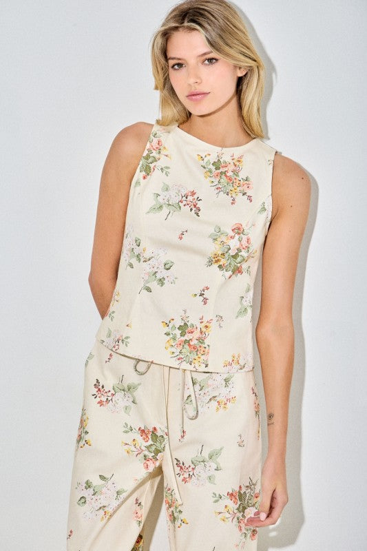 Sleeveless Open Back Floral Top Cream