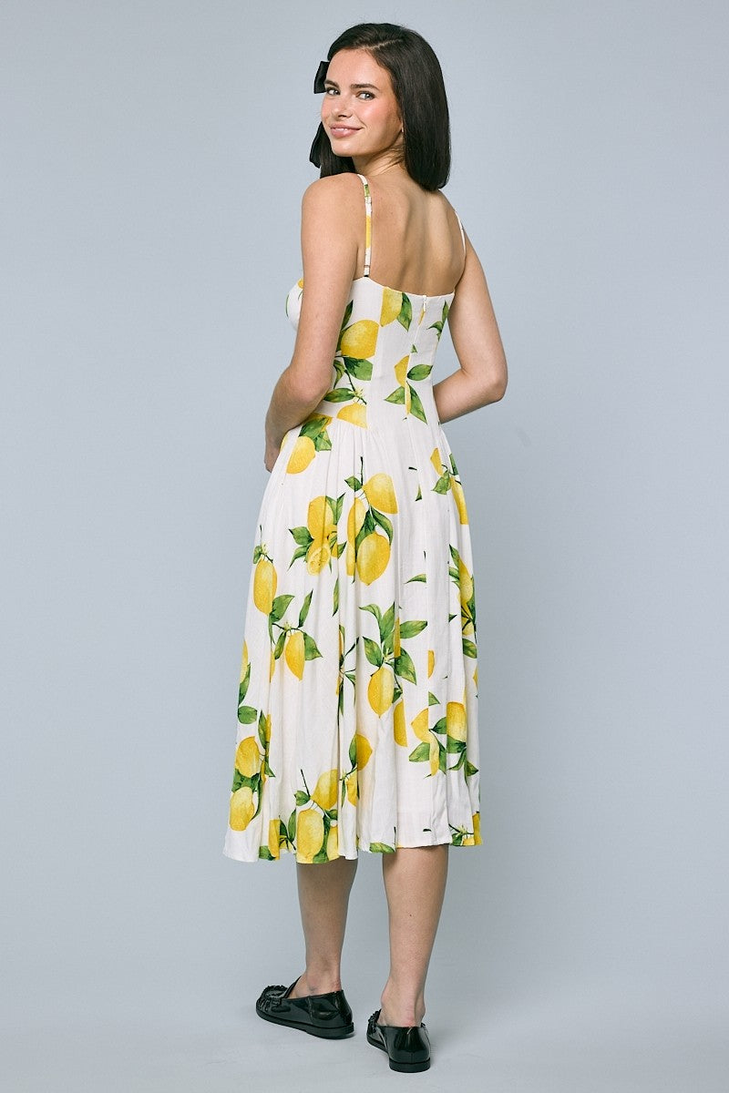 midi yellow cocktail dress Yuri Sleeveless Lemon Print Midi Dress Yellow LARGE