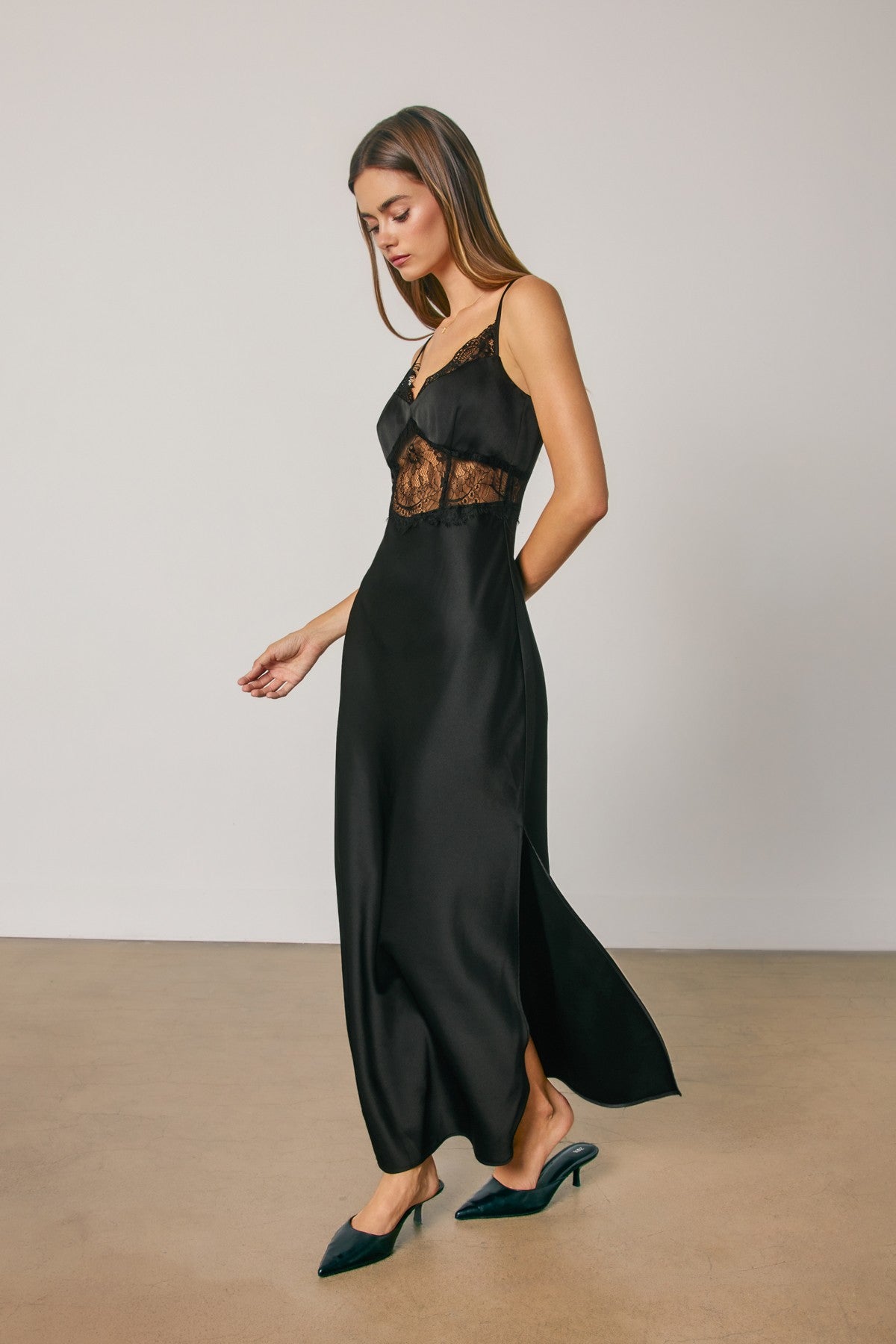 Gracen Sleeveless Ethereal Lace Satin Trim Midi Dress Black
