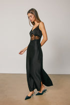 Gracen Sleeveless Ethereal Lace Satin Trim Midi Dress Black