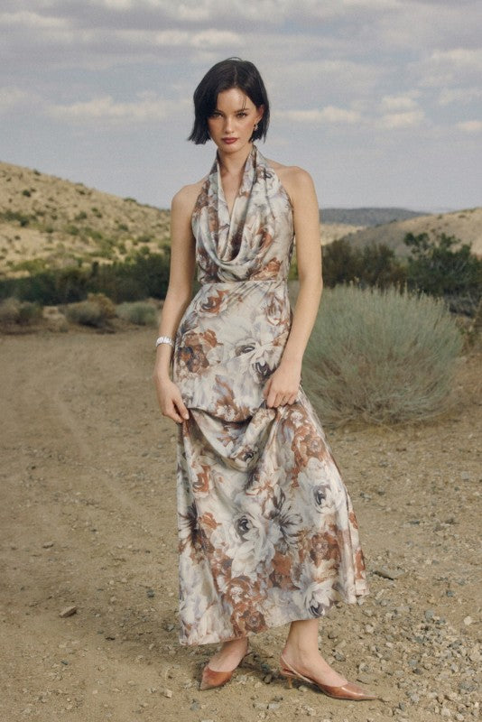 Sleeveless Halter Floral Print Maxi Dress Brown