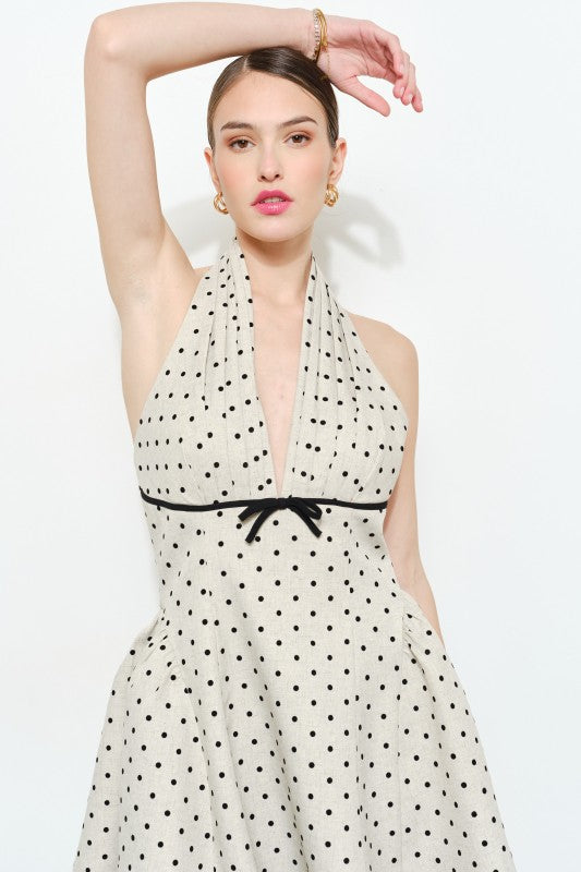 Sleeveless Halter Open Back Polka Dot Print Mini Dress Oatmeal