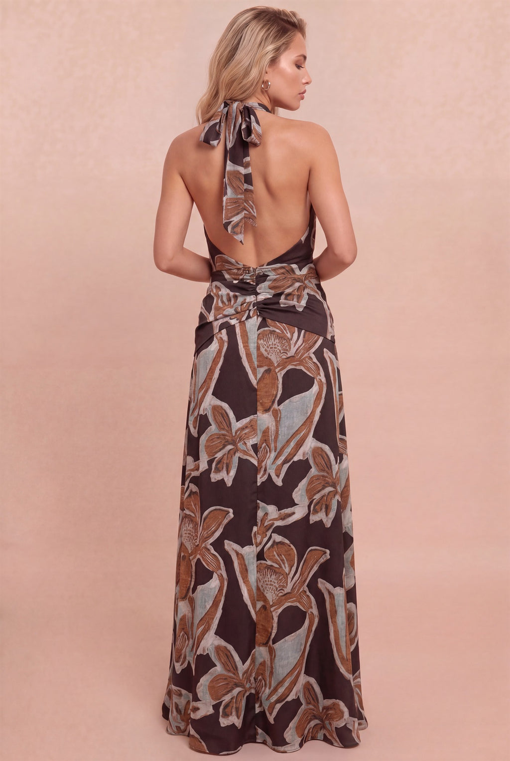 Sleeveless Halter Belted Abstract Print Maxi Dress Brown