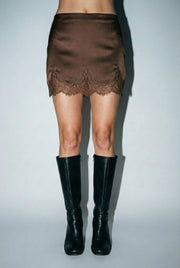 High Waist Lace Trim Satin Mini Skirt Mocha