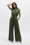  Sleeveless Cinched Waist Wide Leg Suede Jumpsuit Olive