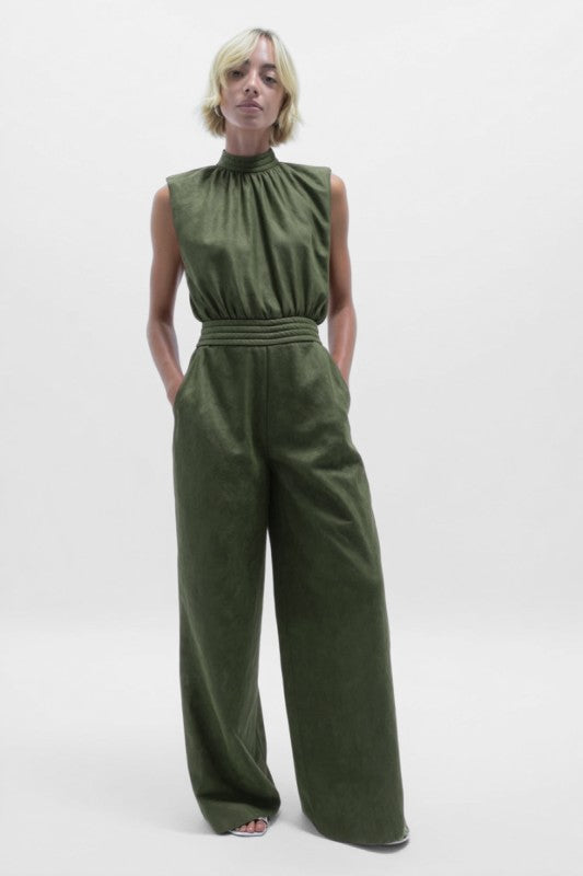  Sleeveless Cinched Waist Wide Leg Suede Jumpsuit Olive