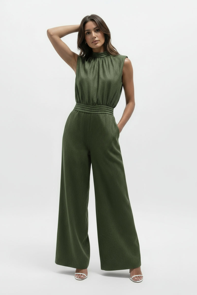  Sleeveless Cinched Waist Wide Leg Suede Jumpsuit Olive