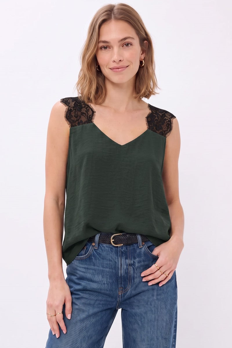 Sleeveless Lace Strap Satin Top Forest Green
