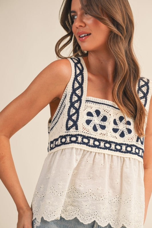 Sleeveless Crochet Cami Top Cream