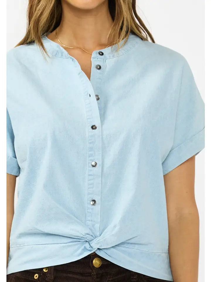 Short Sleeve Button Down Knot Front Top Blue