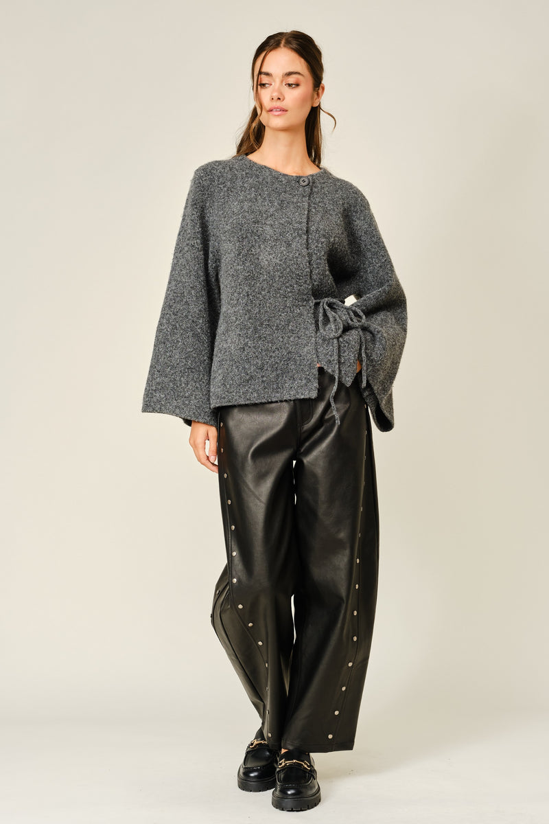 Long Kimono Sleeve Side Tie Cozy Knit Cardigan Charcoal