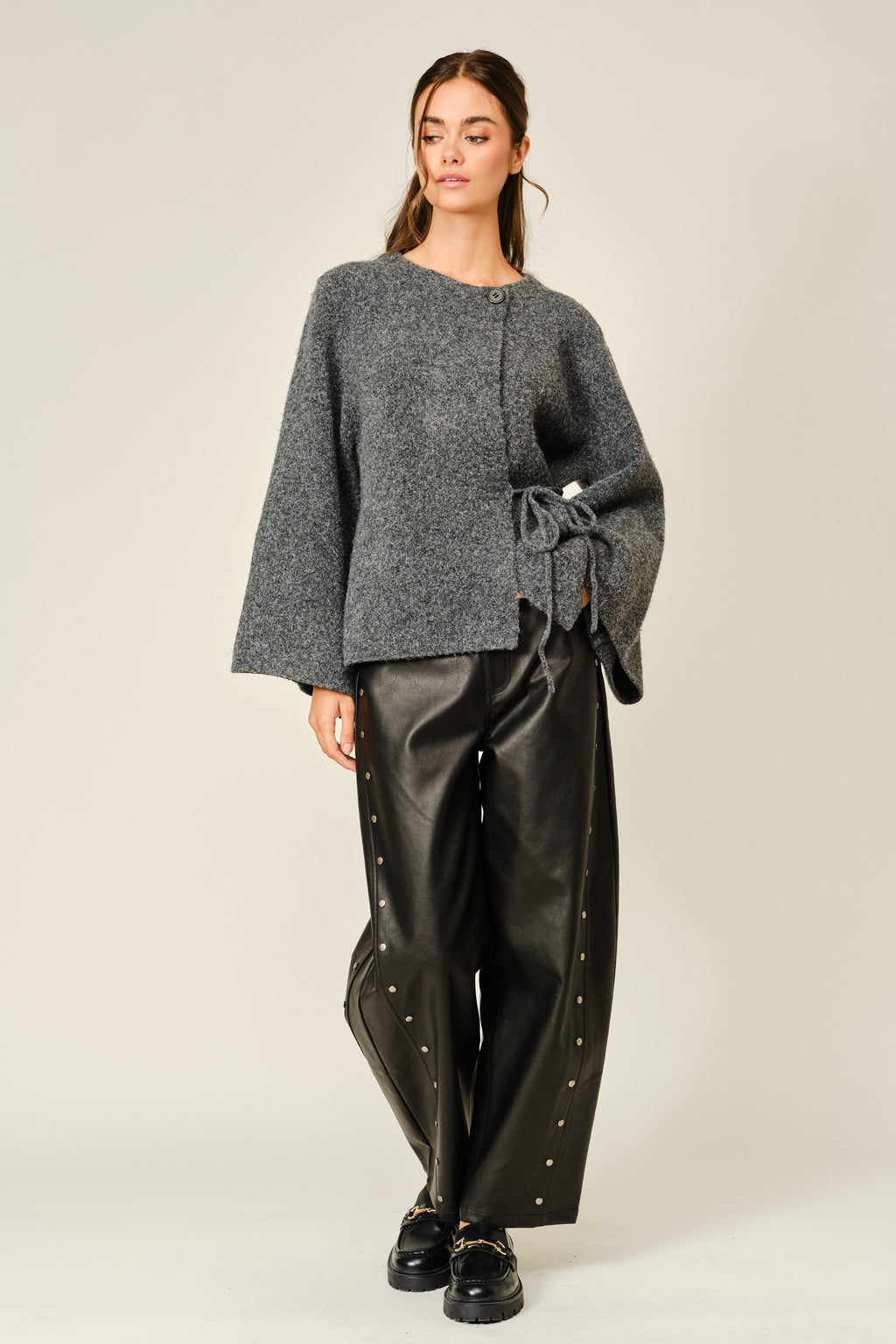 Long Kimono Sleeve Side Tie Cozy Knit Cardigan Charcoal