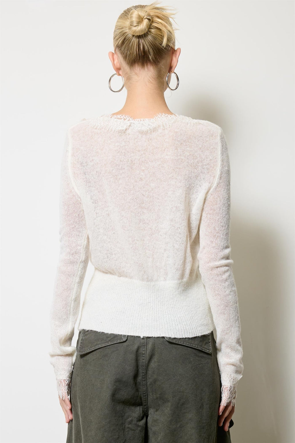 Long Sleeve Button Down Contrast Lace Knit Top Ivory