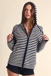 Long Sleeve Zip Up Stripe Print Knit Hoodie Sweater Navy
