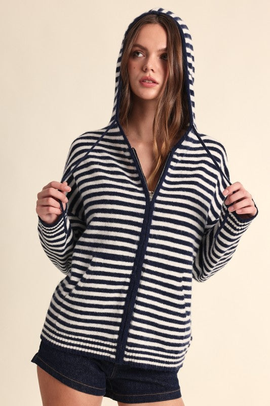 Long Sleeve Zip Up Stripe Print Knit Hoodie Sweater Navy