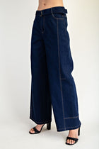 High Waist Belted Wide Leg Denim Pants Dark Wash