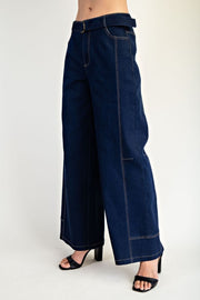 High Waist Belted Wide Leg Denim Pants Dark Wash