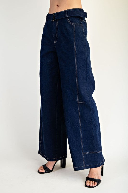 High Waist Belted Wide Leg Denim Pants Dark Wash