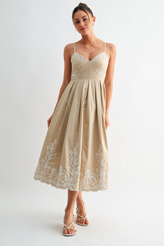 Sleeveless Floral Print Embroidered Floral Midi Dress Beige