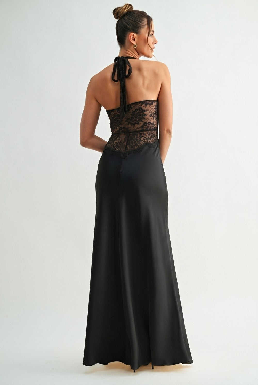 Sleeveless Halter Lace And Satin Maxi Dress Black