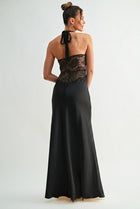 Sleeveless Halter Lace And Satin Maxi Dress Black