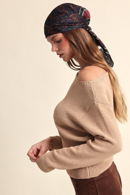 Long Sleeve Off The Shoulder Knit Top Camel
