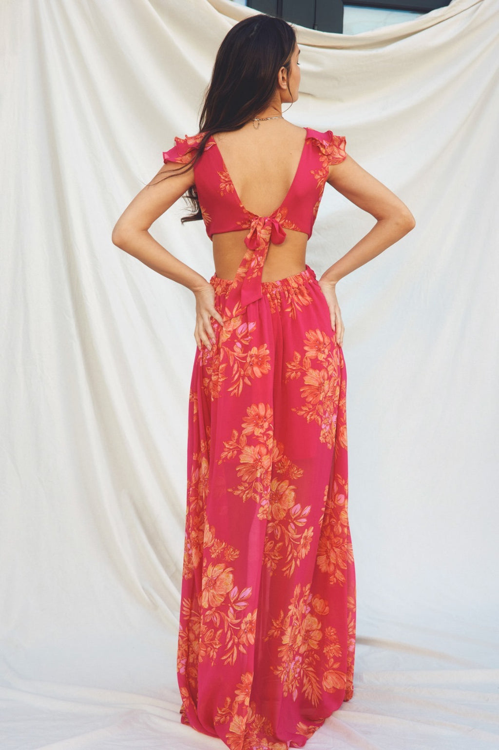 Ruffle Sleeve Cut Out Floral Print Maxi Dress Red