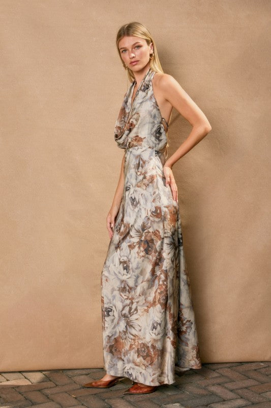 Sleeveless Halter Floral Print Maxi Dress Brown