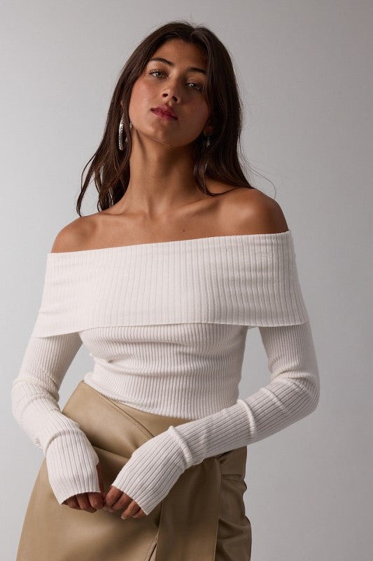Long Sleeve Off The Shoulder Knit Top Ivory