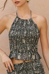 Sleeveless Halter Smocked Floral Print Peplum Top Black