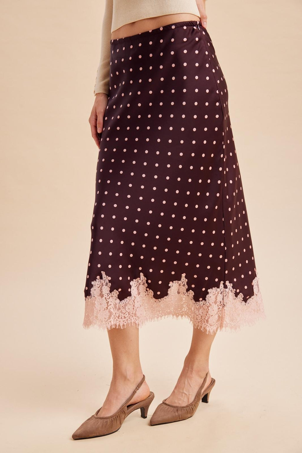 High Waist Satin And Lace Polka Dot Print Midi Skirt Burgundy